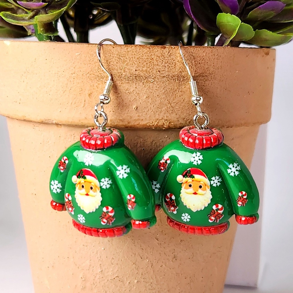 Green Ugly Sweater Santa Claus Christmas Drop Dangle Earrings Holiday 1.75"